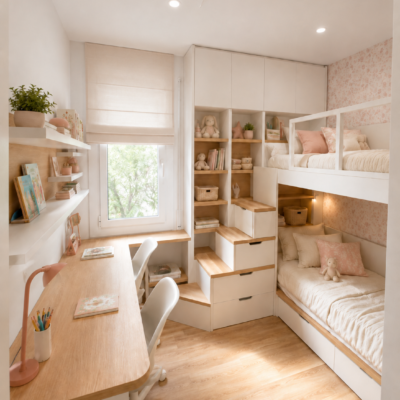 Habitación compartida infantil a medida en Barcelona con litera y escritorio doble