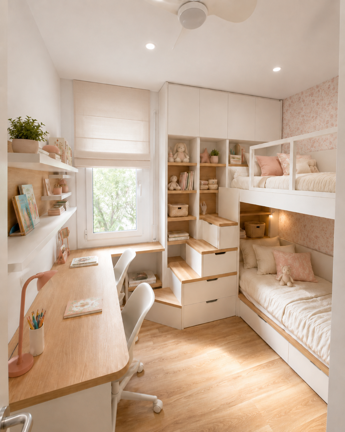 Habitación compartida infantil a medida en Barcelona con litera y escritorio doble Habitación compartida infantil a medida en Barcelona con litera y escritorio doble