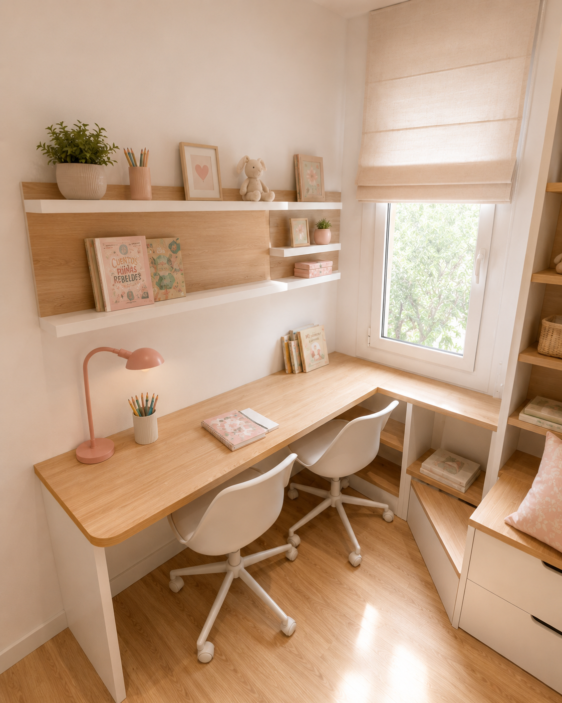 Habitación compartida infantil a medida en Barcelona con litera y escritorio doble Habitación compartida infantil a medida en Barcelona con litera y escritorio doble