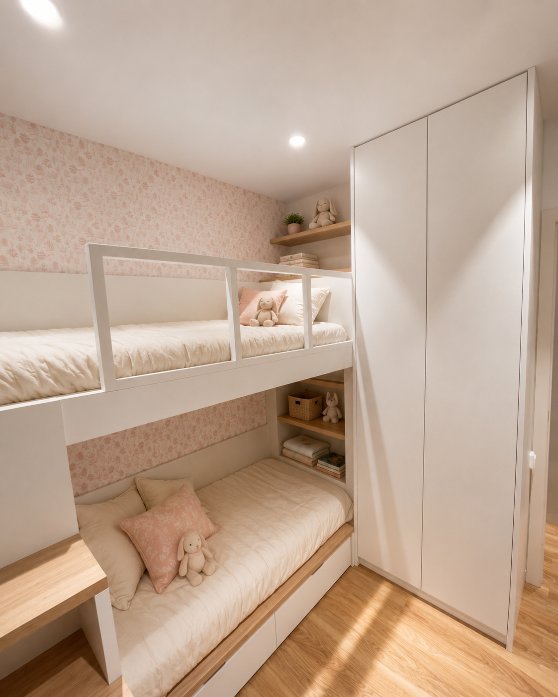 Habitación compartida infantil a medida en Barcelona con litera y escritorio doble Habitación compartida infantil a medida en Barcelona con litera y escritorio doble