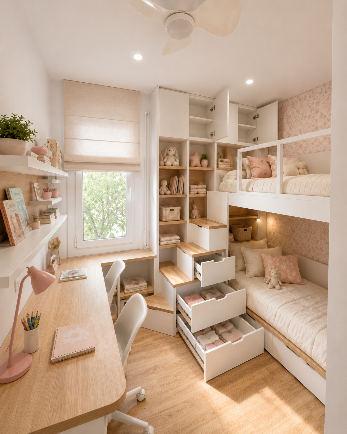 Habitación compartida infantil a medida en Barcelona con litera y escritorio doble Habitación compartida infantil a medida en Barcelona con litera y escritorio doble